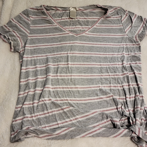 4/20 Comfy striped v neck t shirt with side tie - Picture 1 of 3